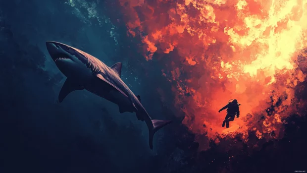 Shark gliding alongside diver through twilight sea.