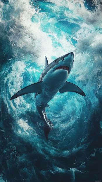 Shark gliding into swirling foam and wave textures.