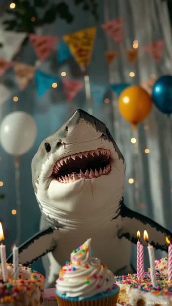 Shark holding cupcake while surrounded by birthday decorations.