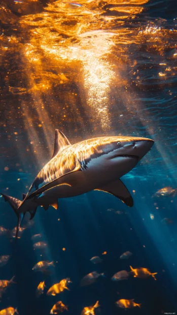 Shark iPhone wallpapers 4K in cinematic underwater scene with golden light.