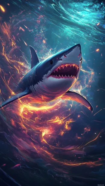 Shark iPhone wallpapers 4K showing dynamic shark dive with glowing light rays.