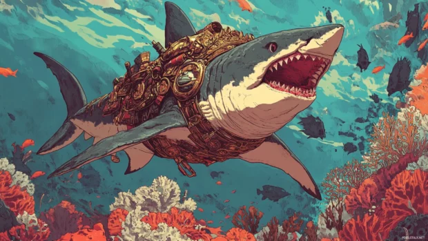 Shark in battle armor roaring in coral battleground.