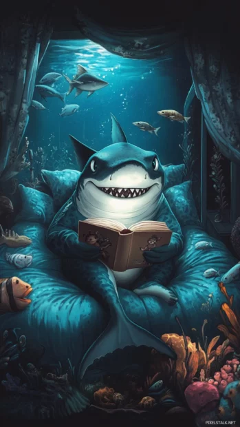 Shark in pajamas reading bedtime story to fish friends.