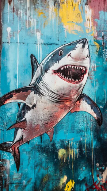 Shark in streetwear leaping past graffiti coral wall.