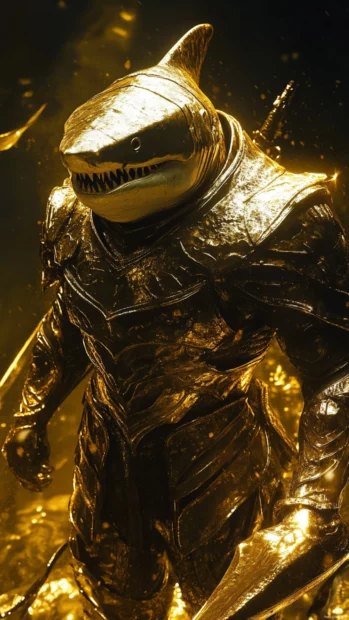 Shark knight in golden armor glowing under deep trench light.