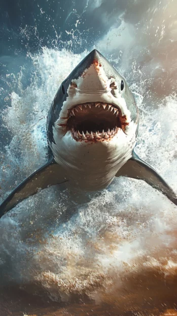Shark mid breach with splash detail frozen in motion.