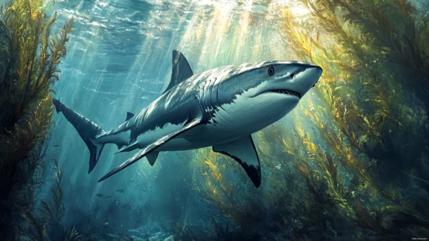 Shark navigating dense kelp with layered light shafts.