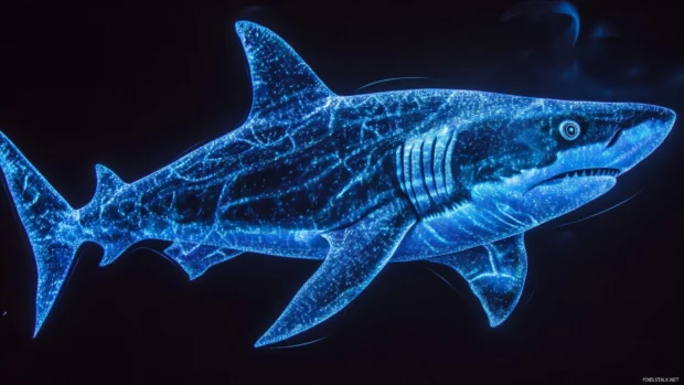 Shark outlined by bioluminescent plankton in dark ocean.