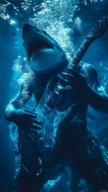 Shark playing electric guitar underwater with wild lights.