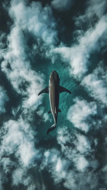 Shark resting over seafloor with shifting sand clouds.