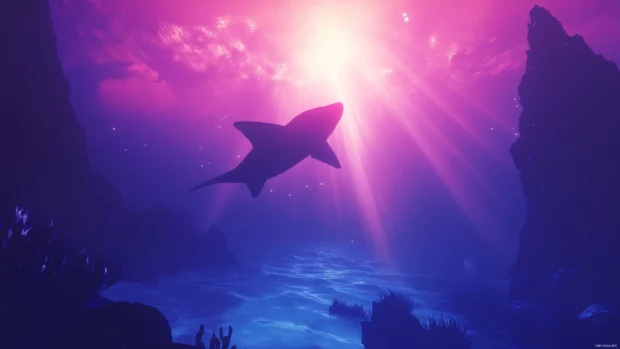 Shark silhouette with glowing ocean light in desktop wallpapers 4K resolution.