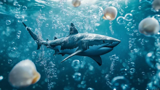 Shark surrounded by bubbles and scattered shells.