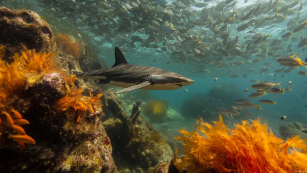 Shark surrounded by schools of fish in feeding zone.