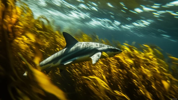 Shark tail sweeping past seaweed patch with motion blur.
