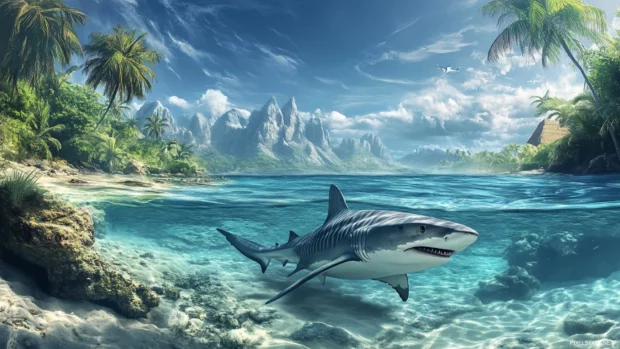 Shark wallpaper for desktop showing tiger shark in shallow tropical waters.
