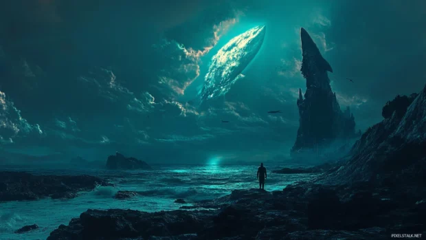 Shark wallpaper in cinematic lighting with diver silhouette in the distance.