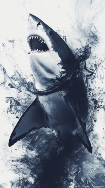 Shark wallpaper with artistic ink splash composition and high detail.