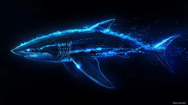 Shark wallpaper with neon blue lighting and ocean depth gradient.