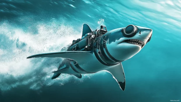 Shark with aviator goggles flying underwater jetpack.