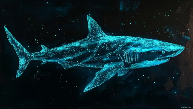 Shark with bioluminescent glow tracing through dark sea.