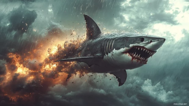 Shark with chainsaw fins leaping through a thunderstorm.
