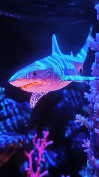 Shark with cyber tattoos chilling in digital reef lounge.