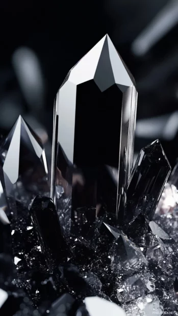 Sharp black crystal shapes reflecting dim light.