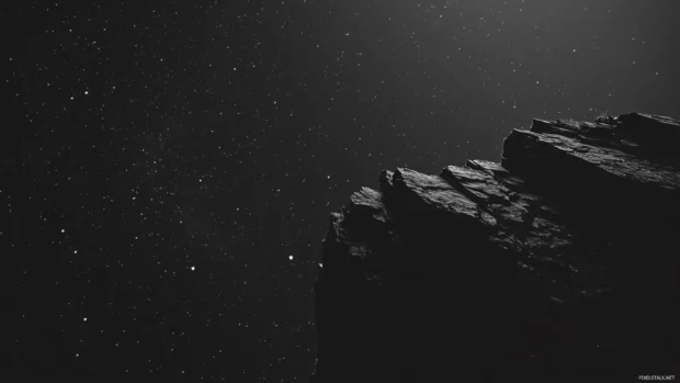 Sharp cliffs silhouetted by black starry skies.