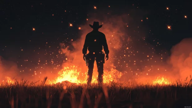 Sharp cowboy wallpaper in 4K with blazing campfire and starry sky.