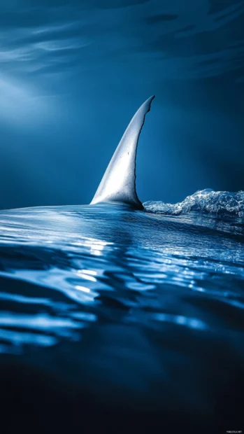 Sharp fin of shark slicing through silver blue surface.