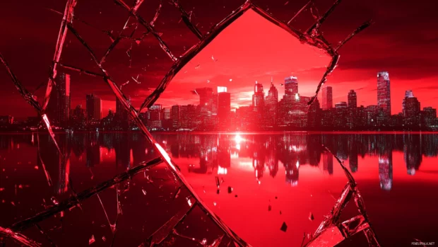 Shattered mirror reflecting red neon skyline.