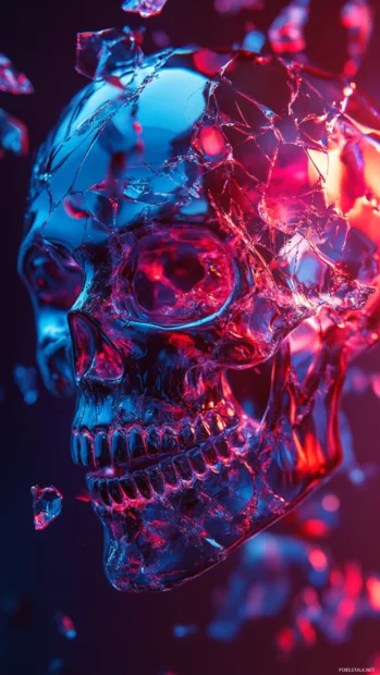 Shattered neon skull pieces glowing in air.