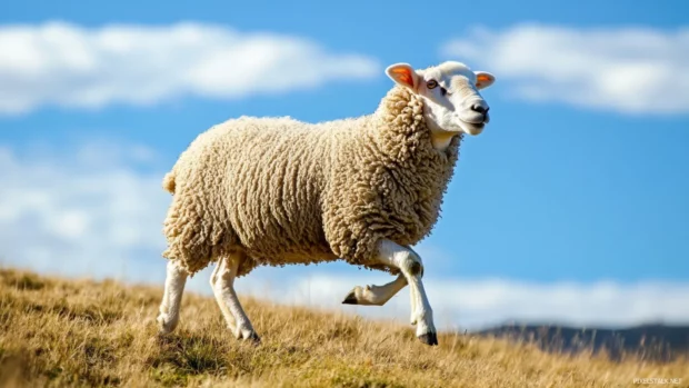 Sheep trotting playfully through grassy hills under blue skies.