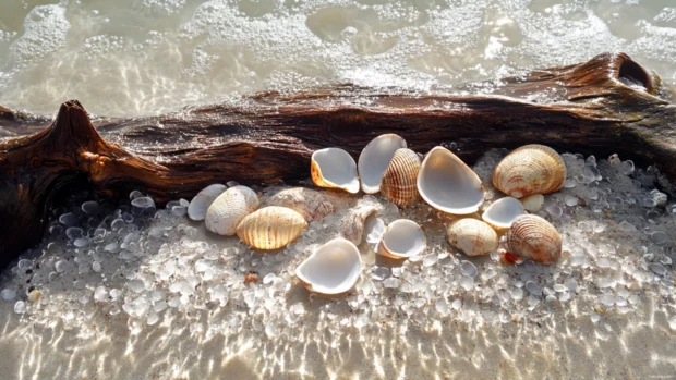Shells and driftwood scattered along a glistening shore.