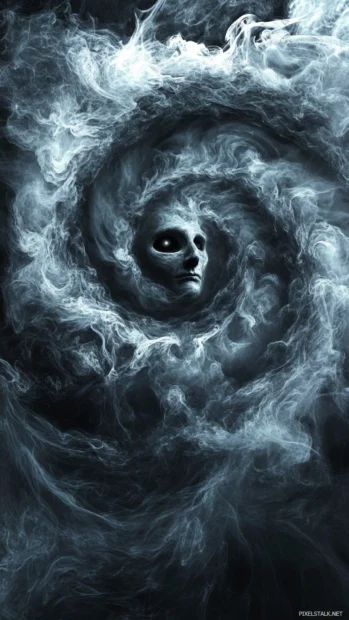 Shifting spiral made of ink smoke and ghostly faces, for top rated dark trippy backgrounds.