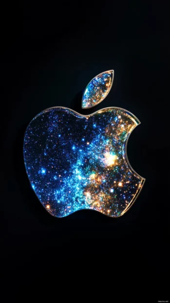 Shimmering Apple logo embedded in a starry night backdrop.