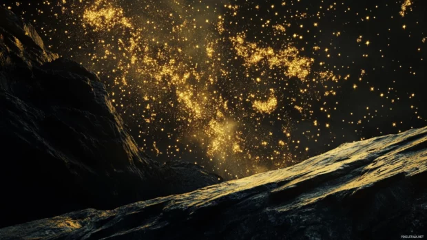 Shimmering bands of gold stars winding above cliffs, embracing the luxury of majestic gold starry pattern.
