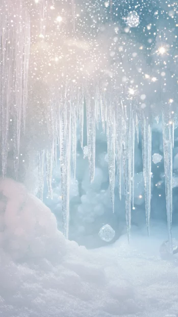 Shimmering blue tones and intricate crystal formations characterize a sparkling ice cave with soft light filtering through.