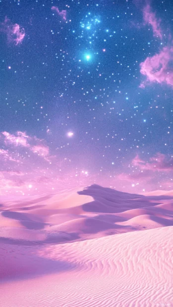 Shimmering dunes cradled by subtle star breezes, awakening dreams within gentle cosmic stars aesthetic.