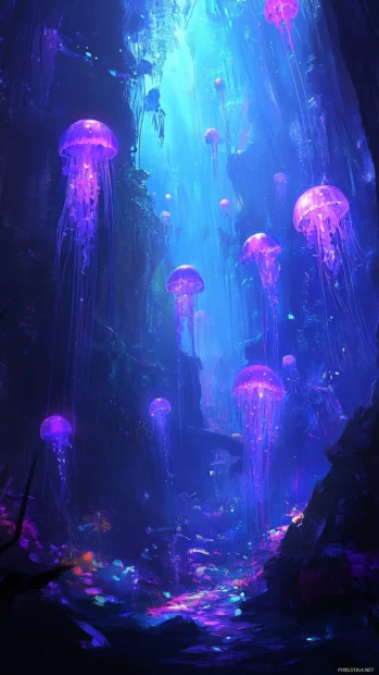 Shimmering jellyfish drifting through a glowing underwater scene.