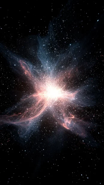 Shimmering neon particles spreading over black background, Black neon space galaxy.