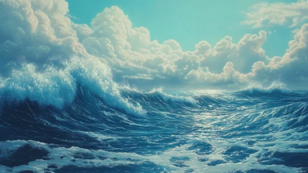Shimmering ocean waves meeting the sky, framed by a stretch of untouched coastline.