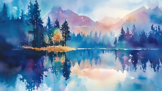 Shimmering reflections across a tranquil watercolor alpine lake.