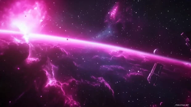 Shimmering stars, synthwave skyline, retro space station, glowing constellations, 80s vibe.
