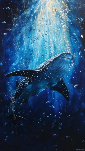 Shimmering water column surrounding whale shark body.
