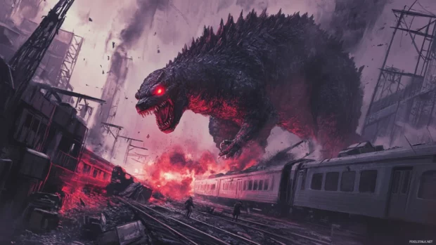 Shin Godzilla advancing slowly past overturned trains and wreckage.