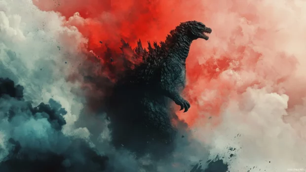 Shin Godzilla emerging through a cloud of ash and smoke.