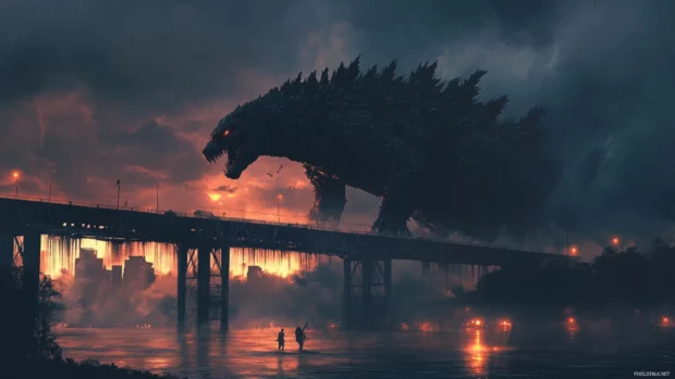 Shin Godzilla wallpapers in stormy dusk with broken bridges beneath him.