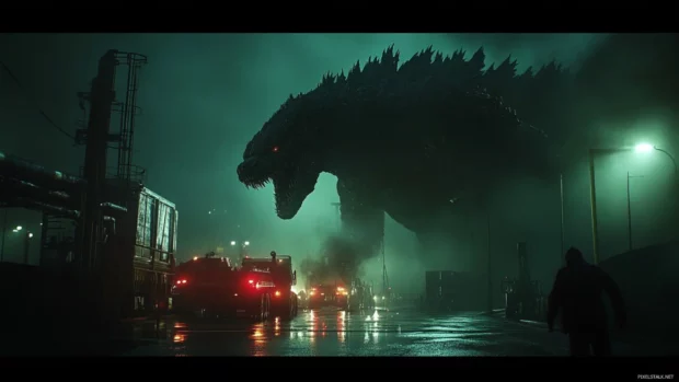 Shin Godzilla wallpapers showing midnight rampage across industrial zone.