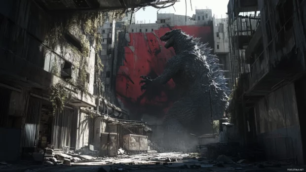 Shin Godzilla wallpapers with realistic shadow play across abandoned city.